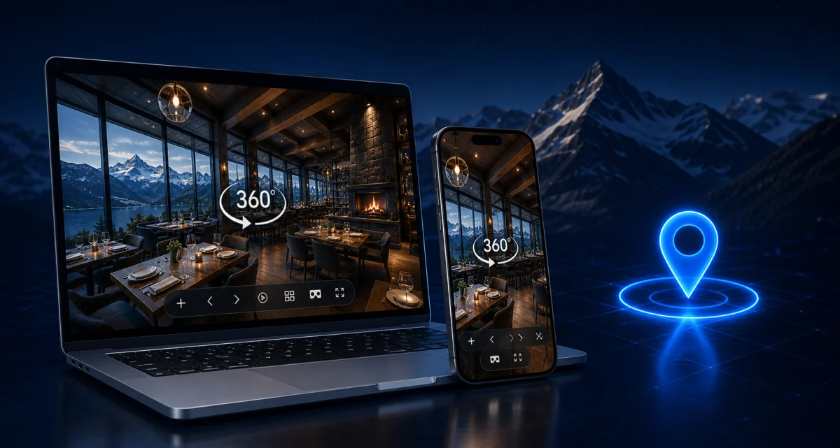 Laptop i mobilni prikazuju 360 virtuelnu turu restorana
